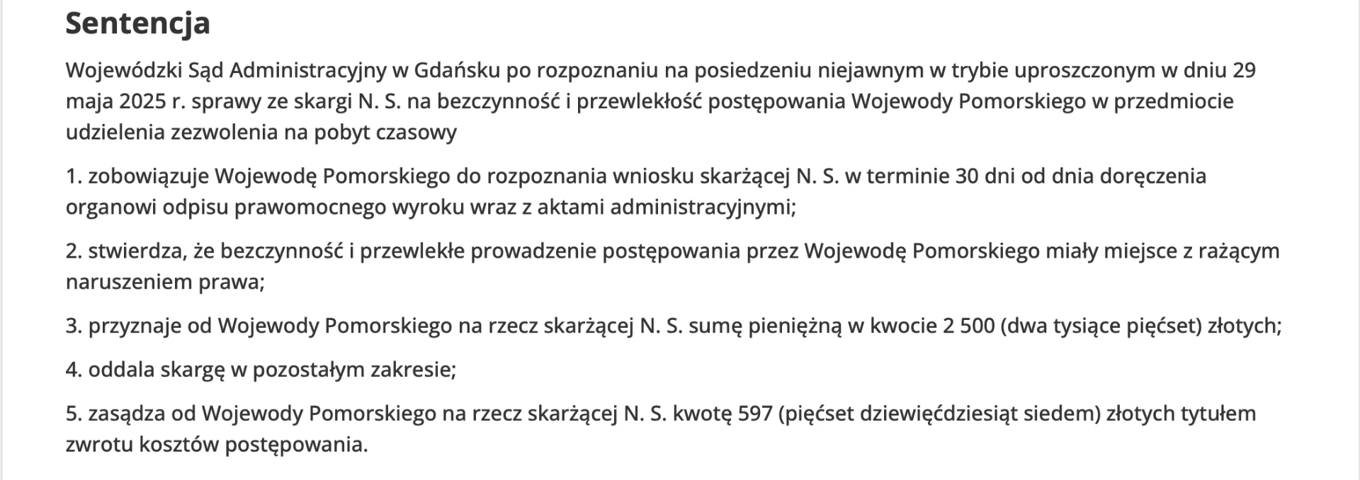 Skan orzeczenia: WSA w Gdańsku, 29.05.2025 zobowiązuje Wojewodę do rozpoznania wniosku o pobyt czasowy i stwierdza przewlekłość postępowania